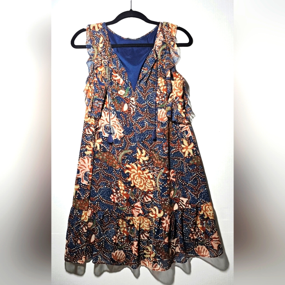 Madewell Floral Ruffle Sleeveless Dress - Blue and Brown Boho Chic